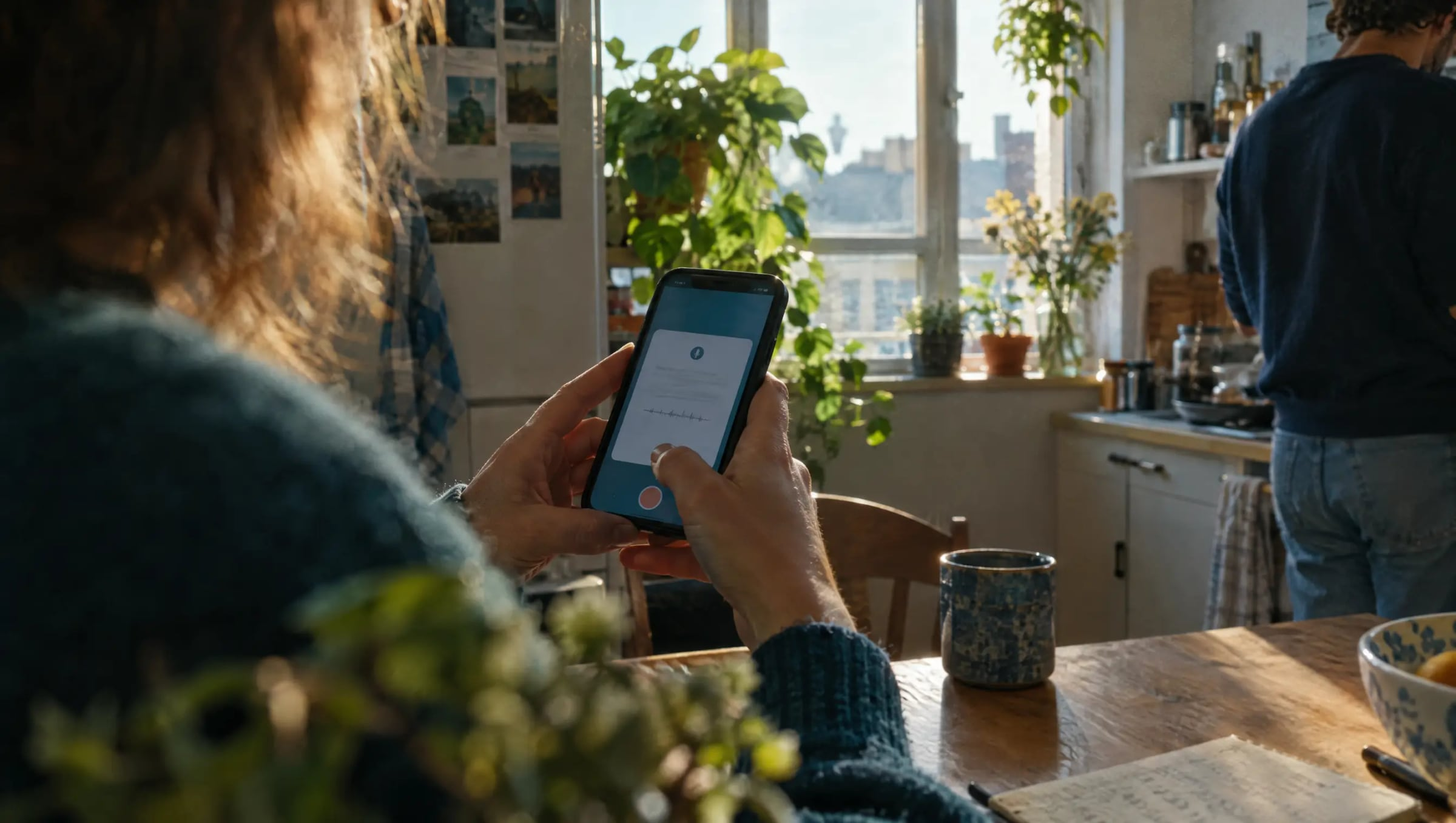 Hands holding a phone in a sunlit apartment kitchen, completing a short task