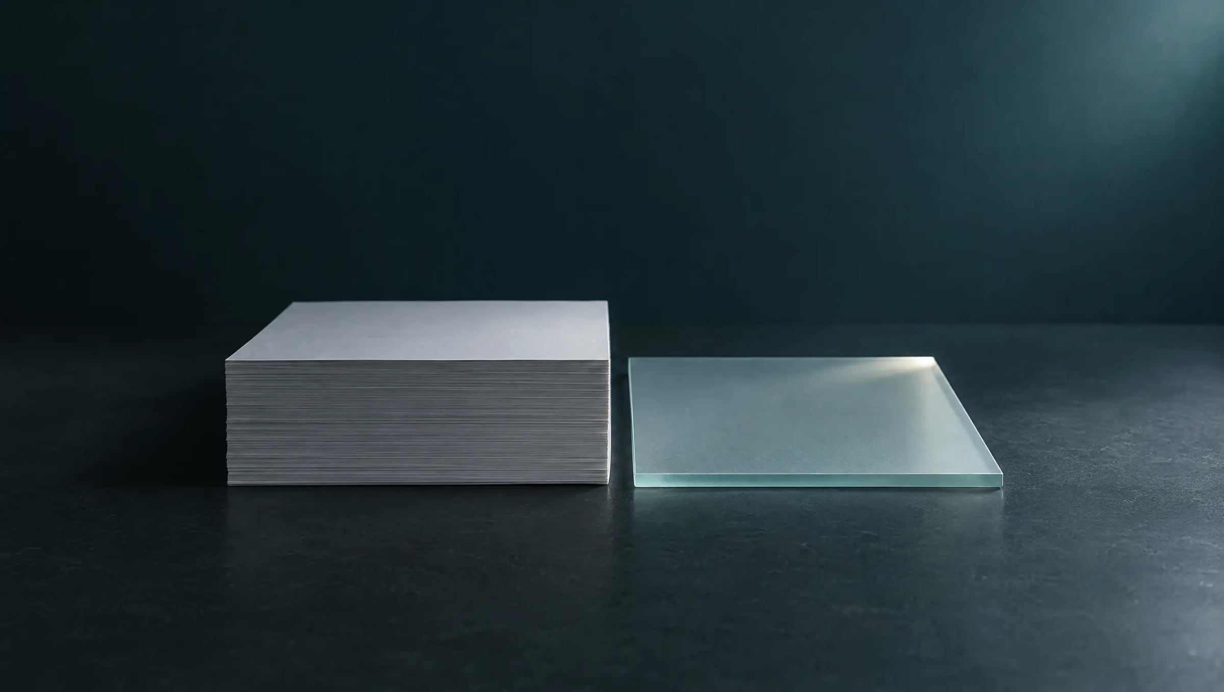 A stack of printed pages beside a thin slab of frosted glass of the same size