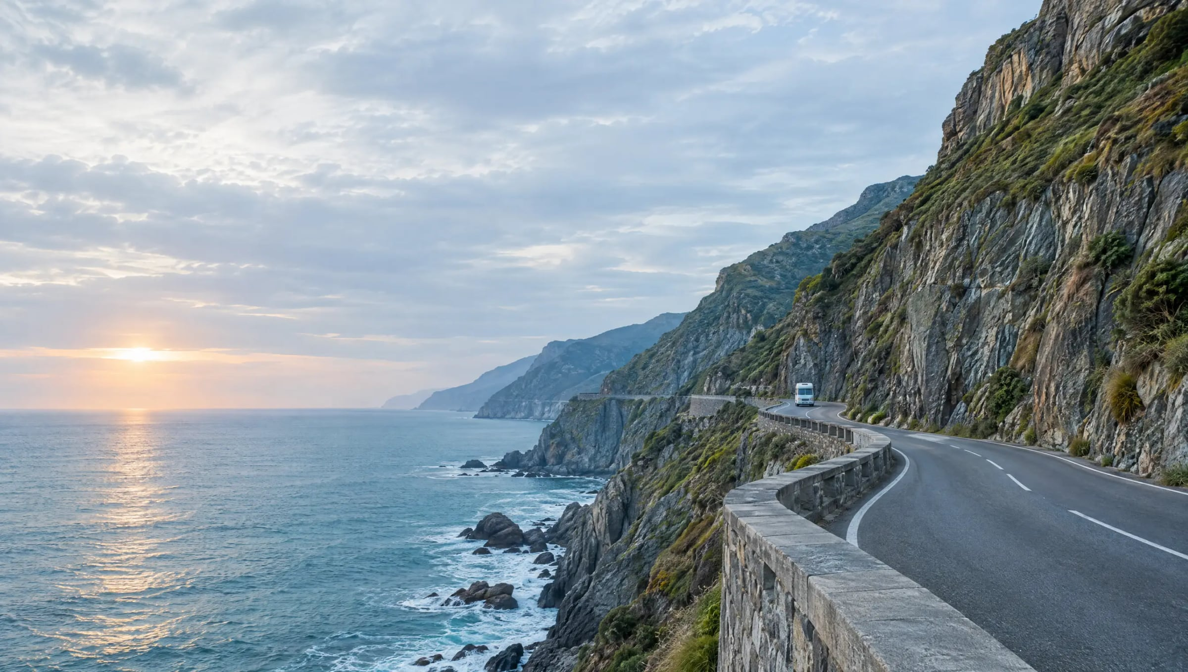 A coastal road carved into cliffs above the sea, a small campervan in the distance