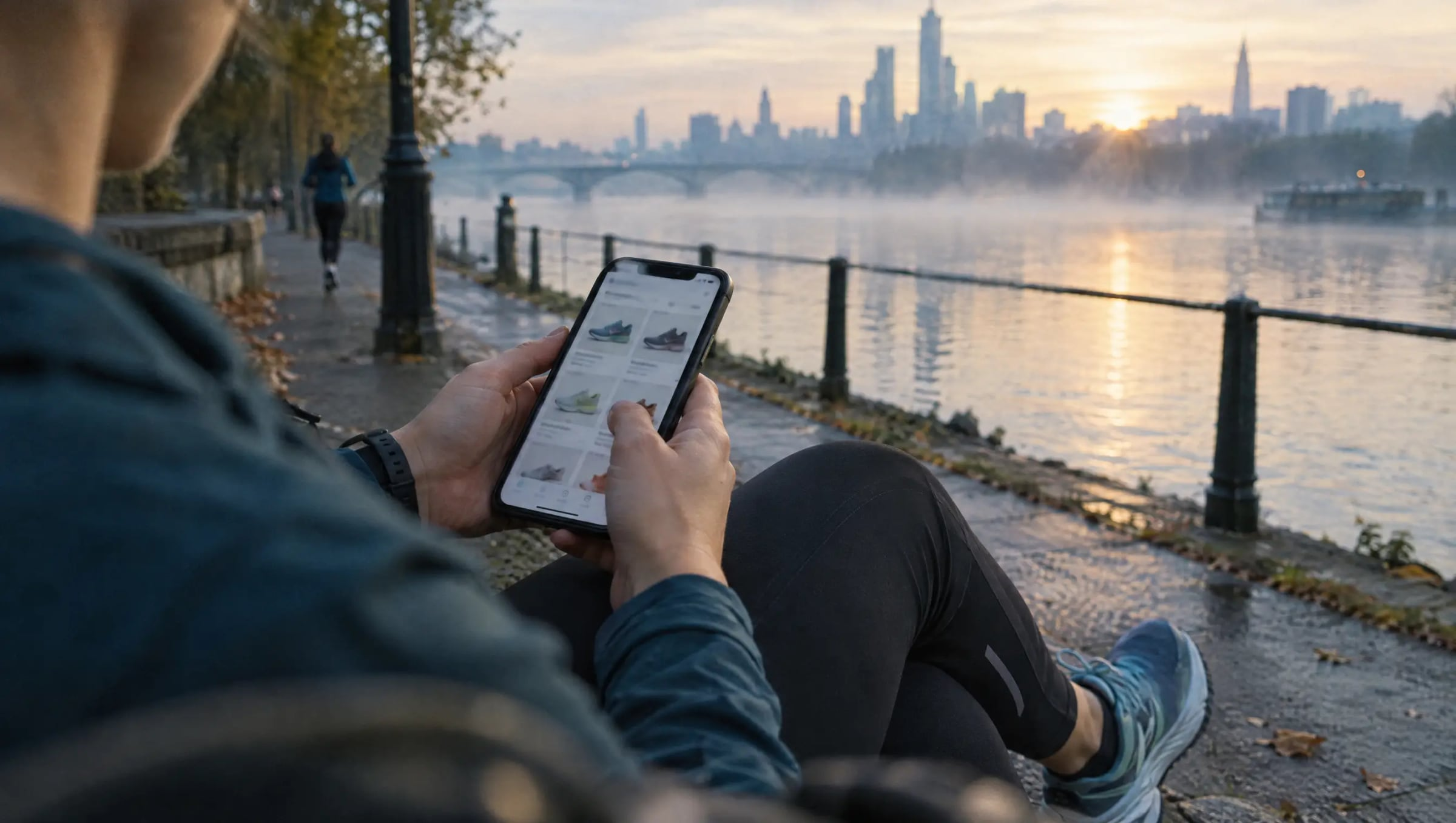A runner browsing shoes on a phone on a riverside path at dawn