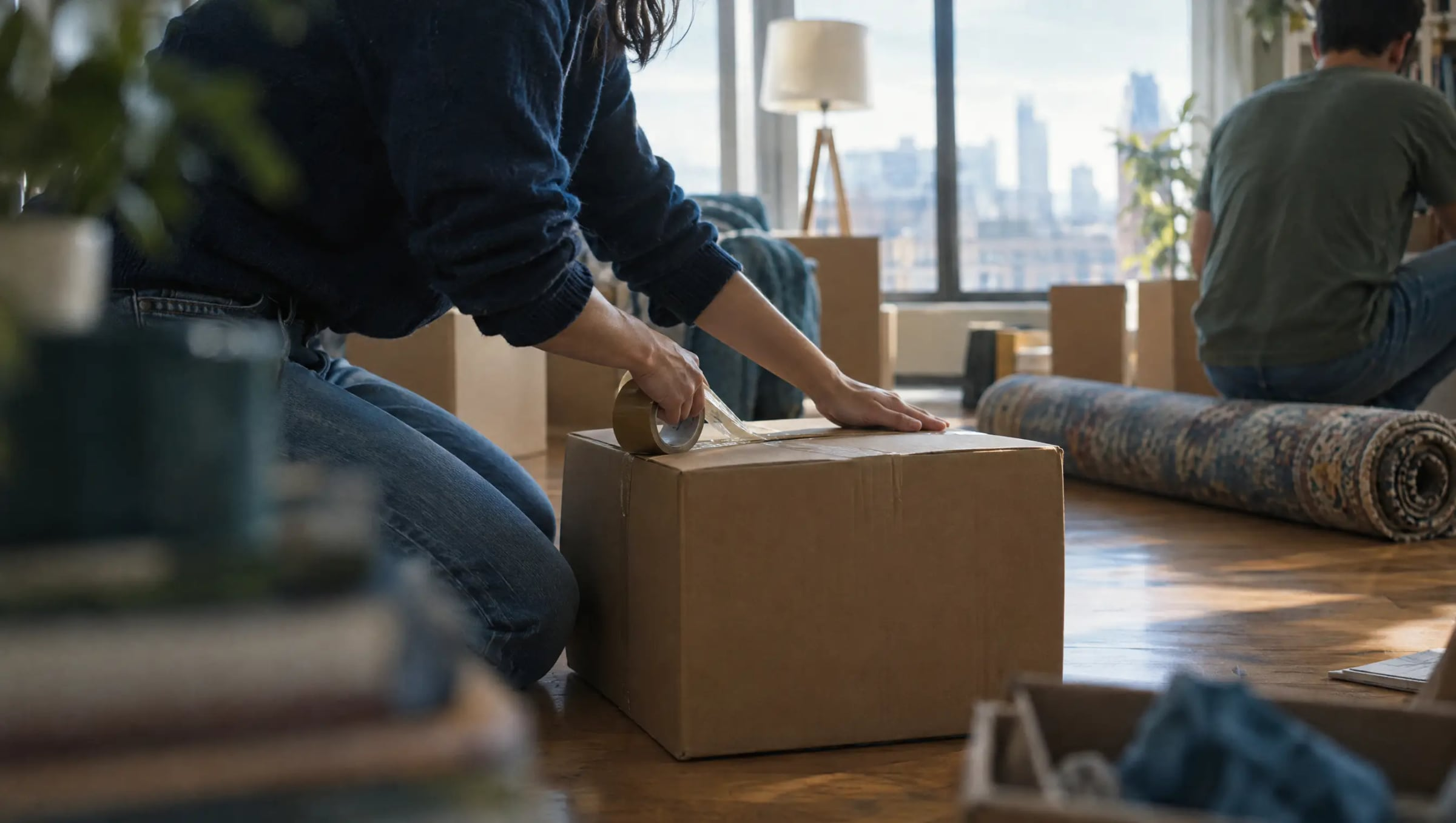 Hands taping shut a cardboard box in a half-packed apartment