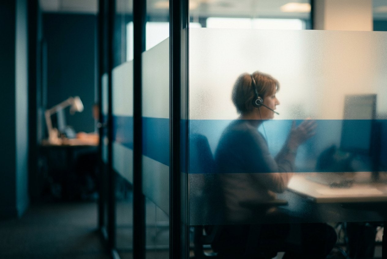 A customer service advisor with a headset seen through a frosted glass partition