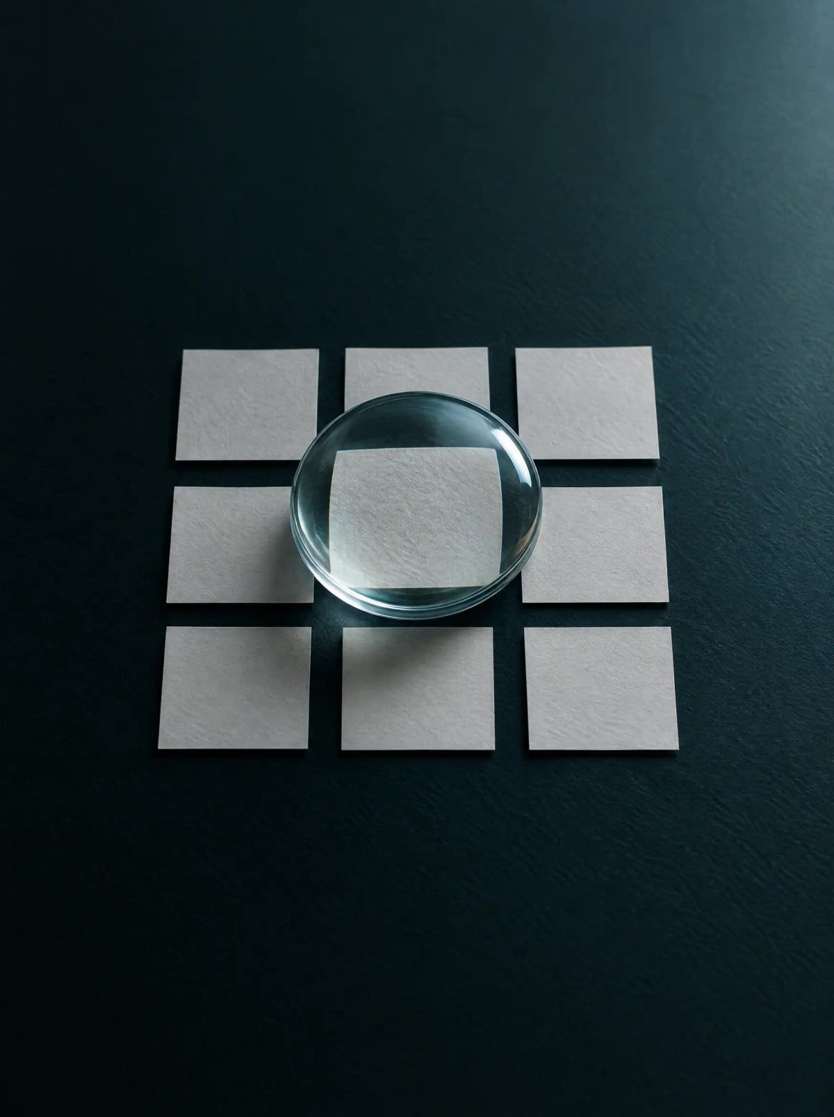 A glass lens resting on a grid of blank cards, magnifying one of them