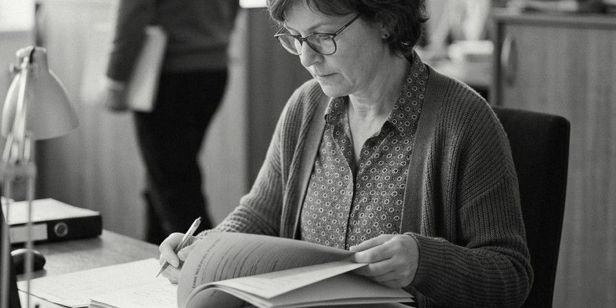 An analyst reviewing a stack of client files at her desk