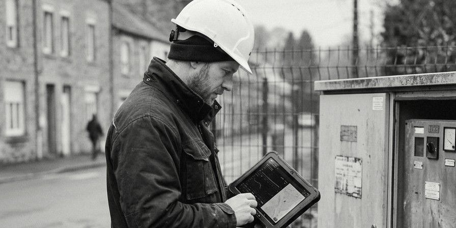 A field engineer checking a tablet beside a street-side utility cabinet