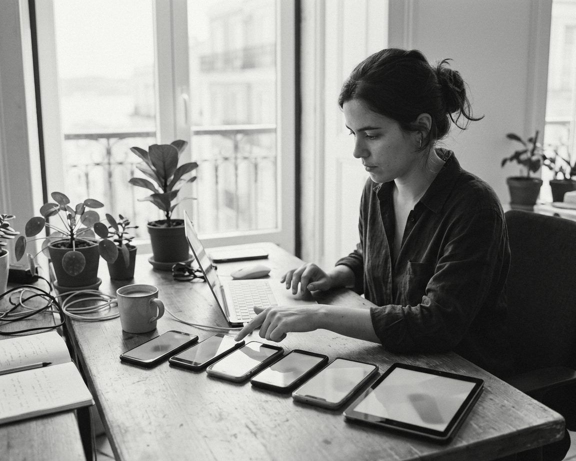 A QA engineer testing an app across a row of smartphones