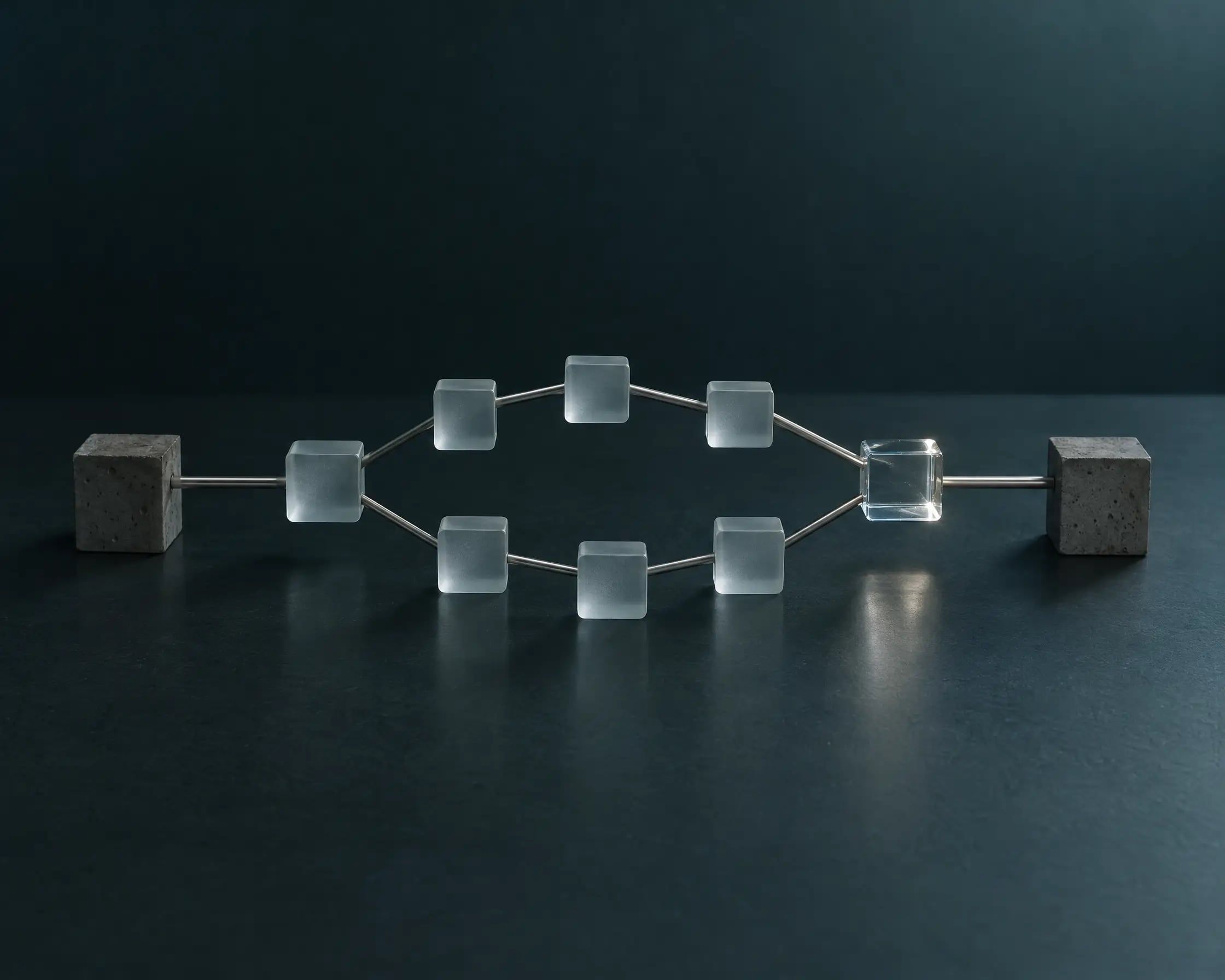A chain of frosted glass blocks linked by metal rods, branching into two paths that rejoin