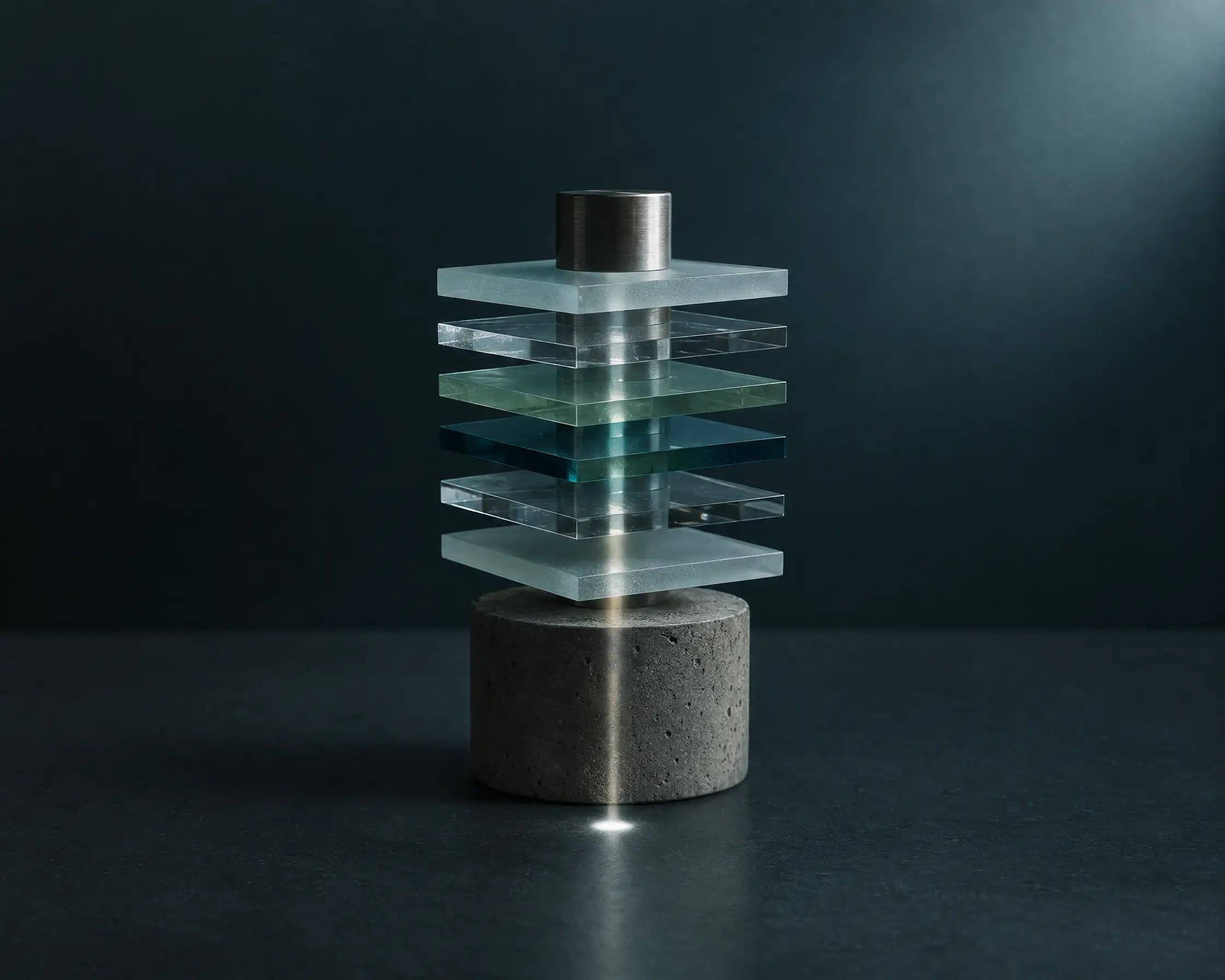 A beam of light passing down through a stack of tinted glass layers to one point