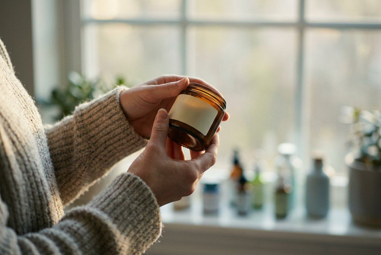 Hands holding a small glass cosmetic jar up to the window light