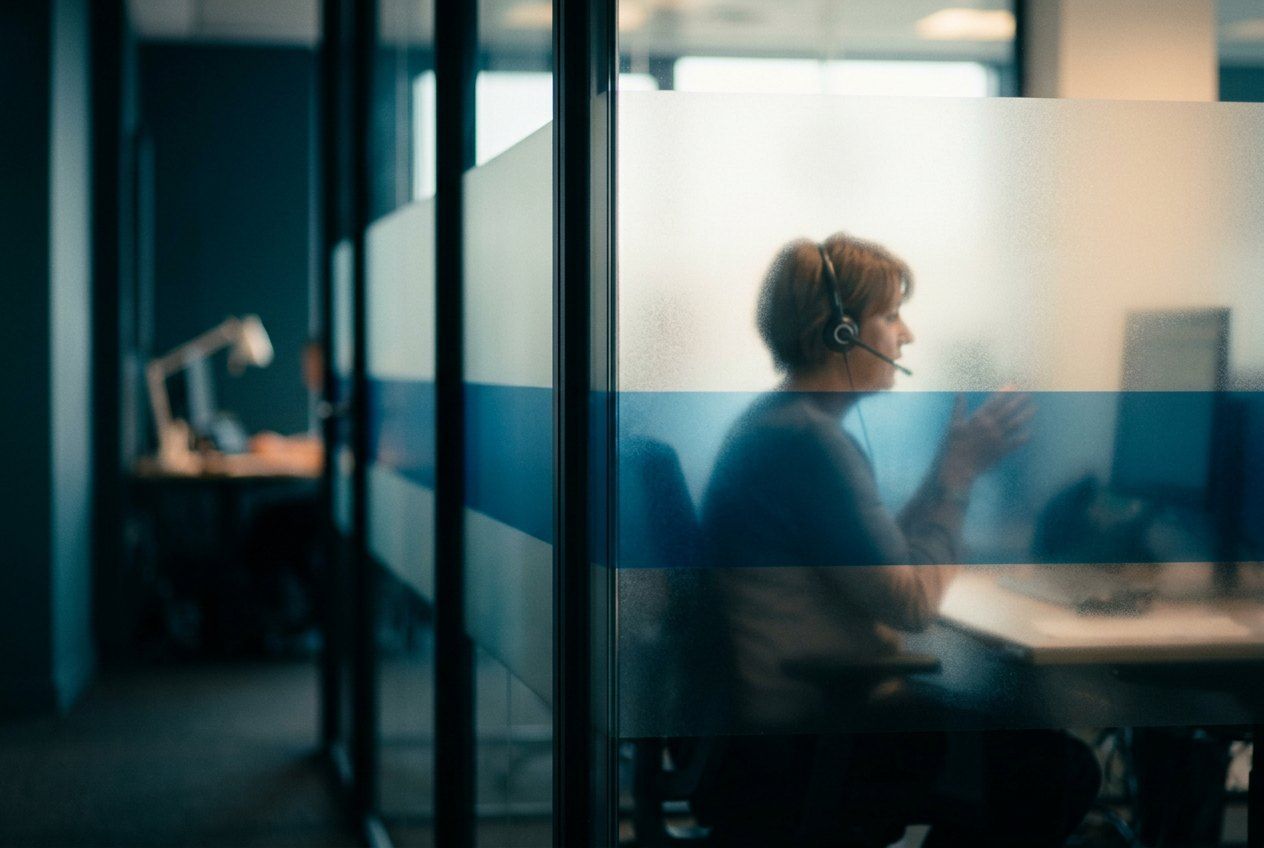A customer service advisor with a headset seen through a frosted glass partition