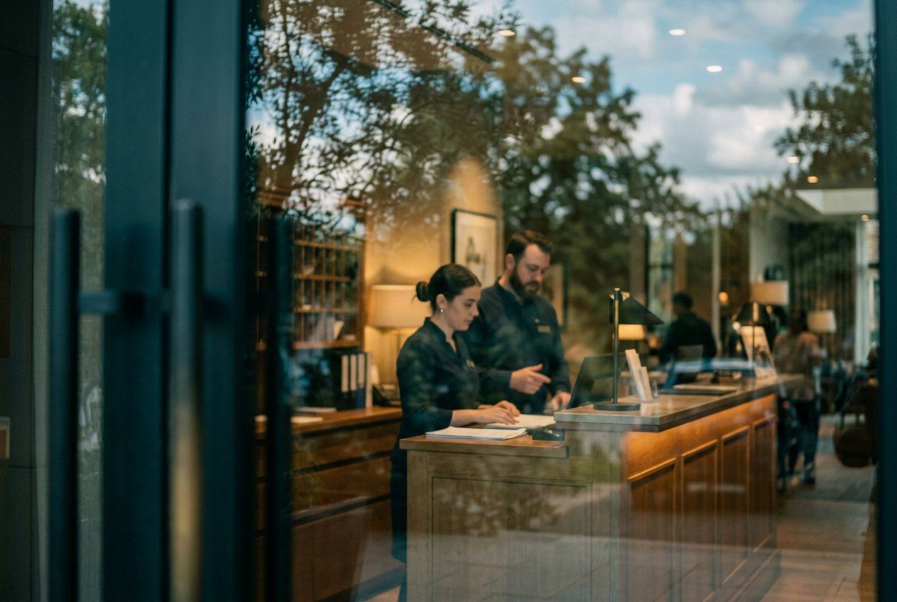 A hotel reception desk seen through the glass entrance door, trees reflected over it